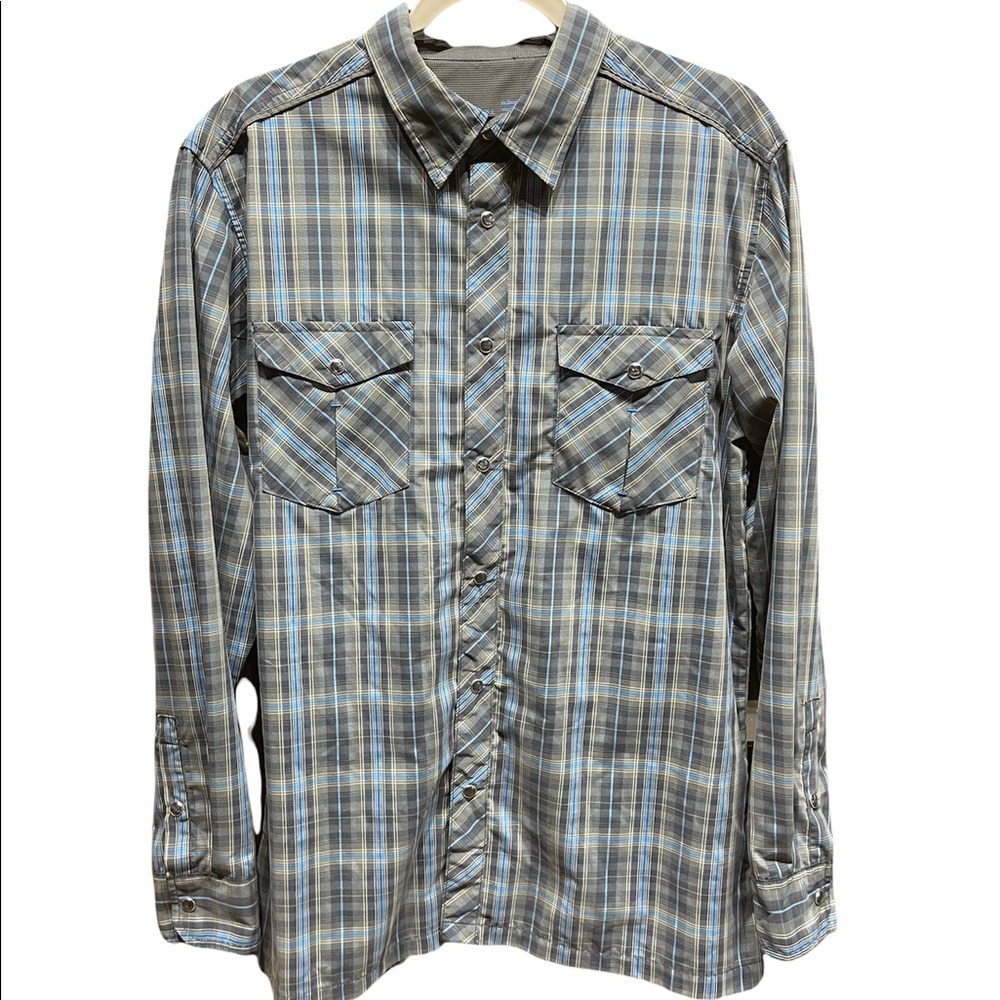 Kuhl Men's Medium Eluxur Long Sleeve Shirt, Blue Plaid, Snap Buttons